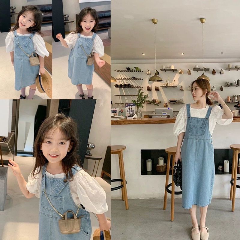 Đồ đôi mẹ con váy yếm denim dáng suông dài màu xanh sáng vintage - 362 (có ảnh thật)