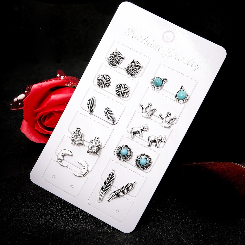 GA_10 Pairs Women Rhinestone Crown Elephant Owl Leaf Ear Studs Earrings Jewelry