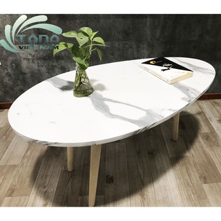 Bàn sofa mặt vân đá trắng 3D hình quả trứng chất liệu MDF kết hợp chân gỗ tự nhiên thương hiệu TADA (Td103)