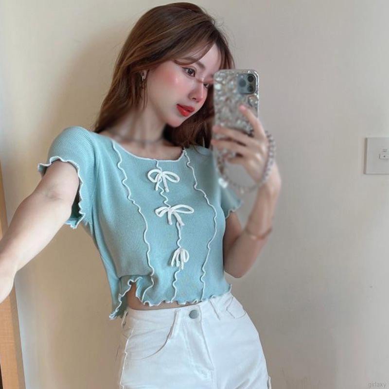 Áo Croptop Dệt Kim Tay Ngắn Cổ Tròn Phối Nơ Phong Cách Hàn Quốc Cho Nữ
