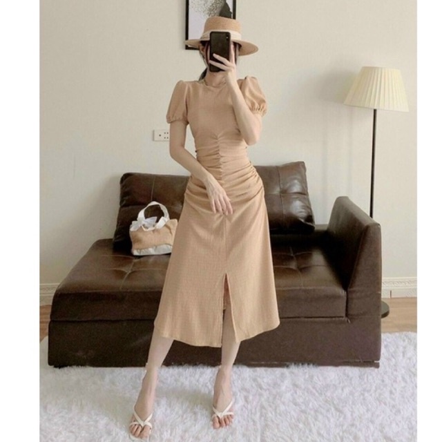 Đầm công sở tiểu thư nhún eo chất xốp vân nổi xinh xinh