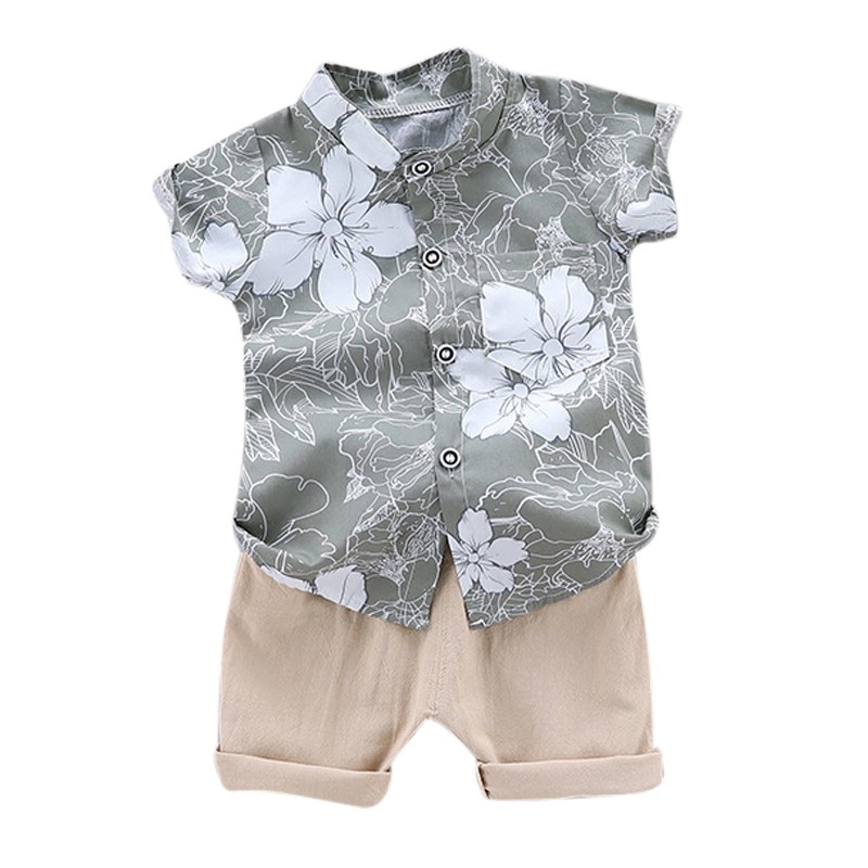 Set Áo Thun Ngắn Tay Cổ Tròn+Quần Short In Hoa Thời Trang Cho Bé Trai