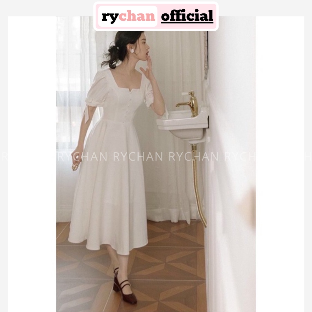 Đầm Nữ Dự Tiệc Dáng Dài Cổ Khóa Nút Bọc Tay Ngắn Nơ Nàng Thơ Pháp Cổ Trắng - DX9814
