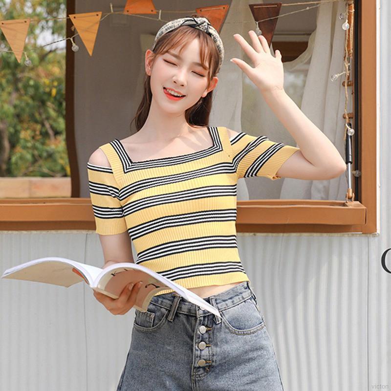 Áo thun len kẻ sọc trễ vai