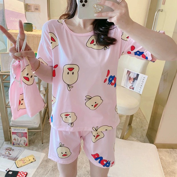 BỘ MẶC NHÀ HÌNH VỊT HỒNG - BỘ NGỦ CUTE HÌNH THÚ ĐẦU TRÒN CỘC TAY