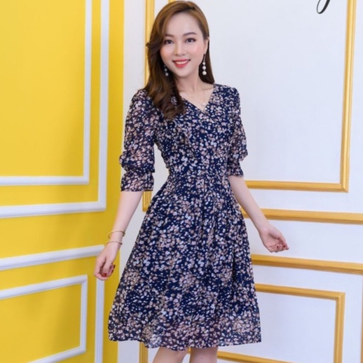 Đầm voan hoa nhí tay lỡ cổ V EMY