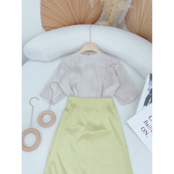 SET LỤA ÁO TAY LỠ + CVAY MIDI XANH