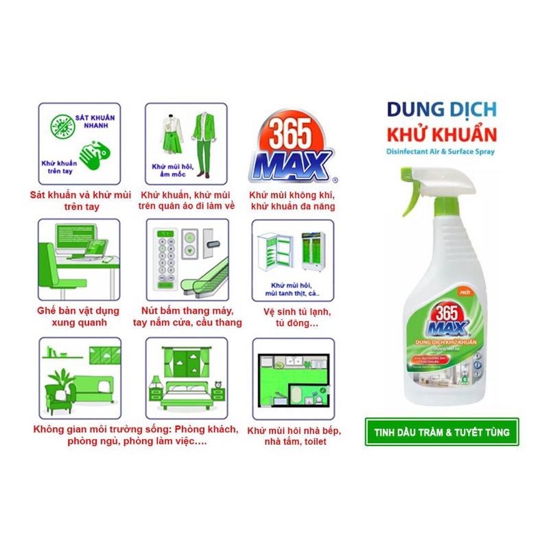 Dung dịch xịt diệt khuẩn 365 Max chai 750ml chính hãng