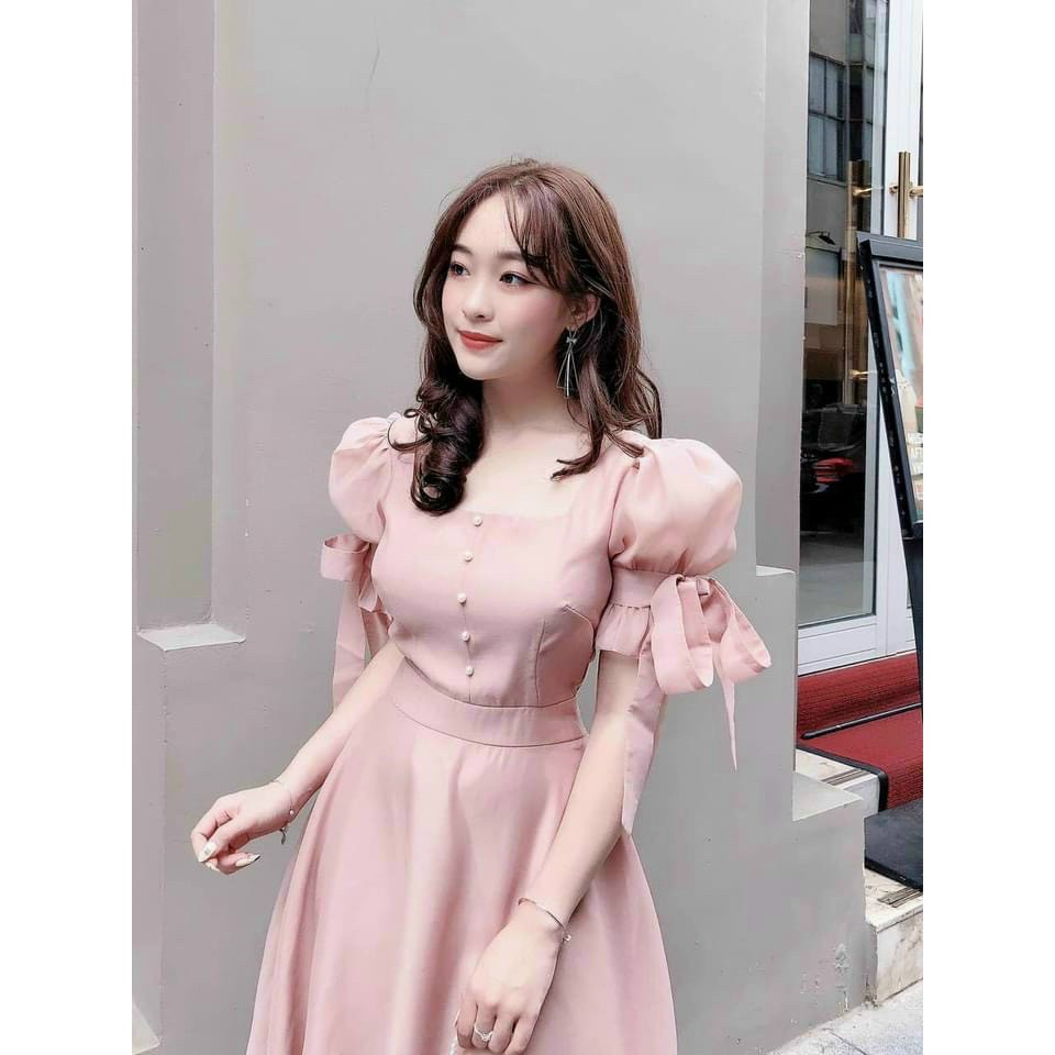 Đầm Nữ Đẹp❤Đầm Dự Tiệc Thiết Kế Cổ Vuông Tay Nơ Form Xòe Xinh Lung Linh Hanaki HNK1011