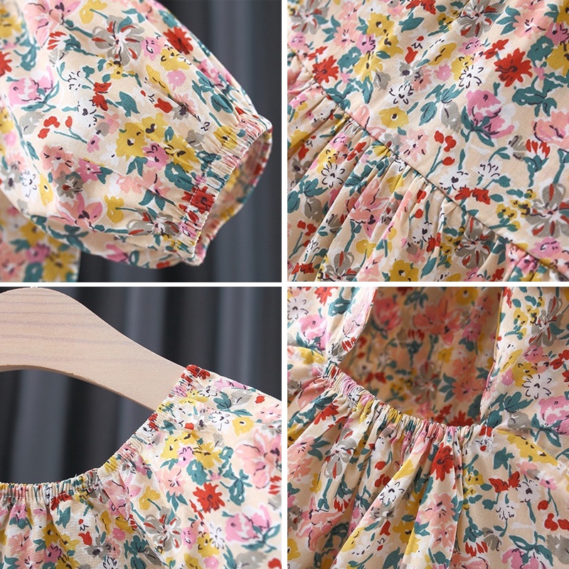 Đầm cotton tay phồng dài in họa tiết hoa phong cách phương Tây thời trang mùa hè cho bé gái 9 tháng-3 tuổi