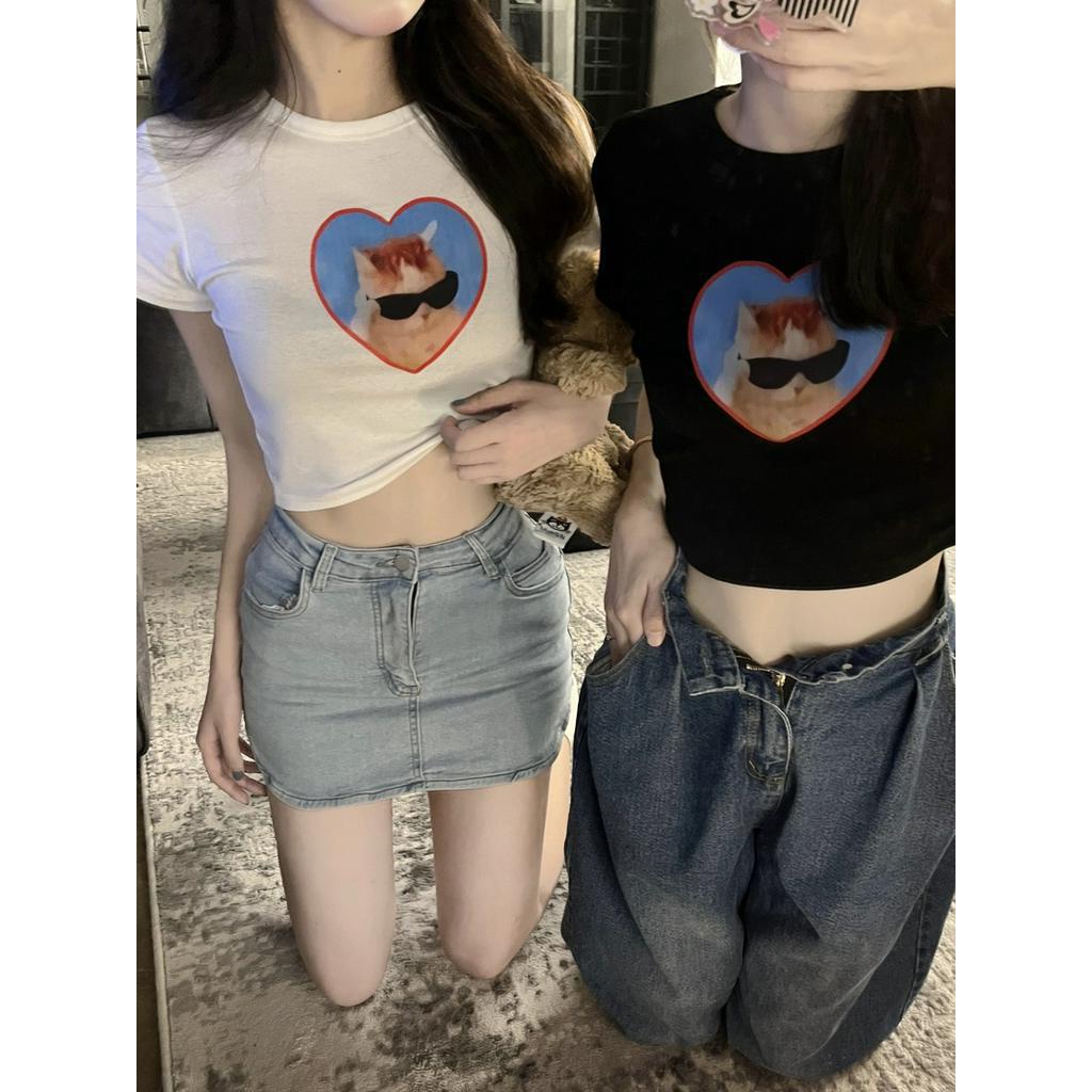 Áo Thun Dáng Dài Ngắn Tay In Hình Mèo Đáng Yêu 63401