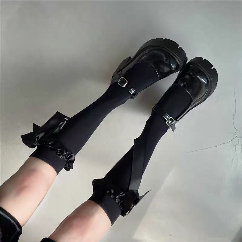 Harajuku Gothic Bow Calf Socks Female Lolita Japanese Velvet Tube Socks Breathable Kawaii Loli Sweet Thin Knee Socks Woman