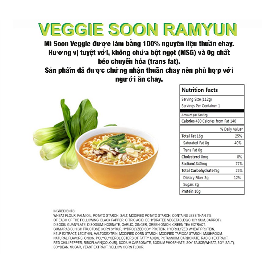 [Mã 154FMCGSALE giảm 8% đơn 500K] Lốc 5 Gói Mì chay Soon Veggie Nongshim 112g