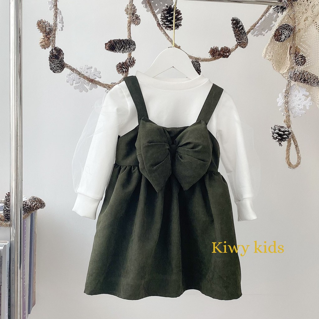 Set đồ thu đông bé gái KIWY KIDS gồm váy yếm nhung và áo thun dài tay rời Kids40 cho bé từ 1 đến 4 tuổi