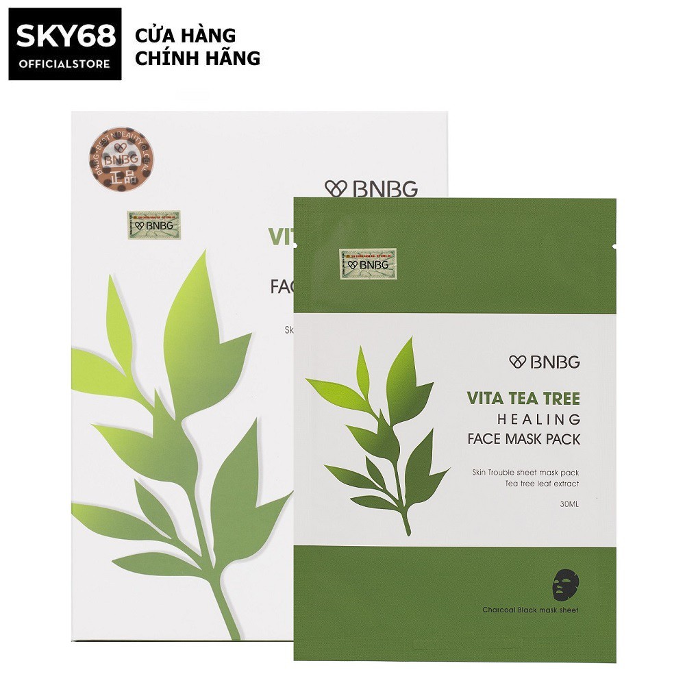 Hộp 10 Mặt nạ thải bã nhờn, giảm mụn chiết xuất tràm trà BNBG Vita Tea Tree Healing Face Mask Pack 30ml x 10