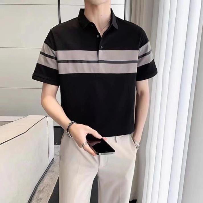 Áo Polo Nam Có Cổ Trắng Đen Phối Sọc Ngang Phom Slimfit Chất Liệu Cotton Thoáng Mát Phong Cách Trẻ Trung ! 📷