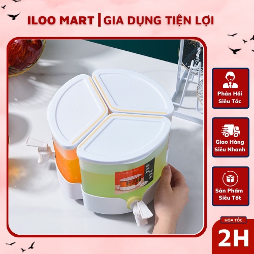 Bình đựng nước 3 ngăn iLooMart bằng nhựa có vòi kèm đế xoay 360 độ tháo lắp đa năng - Dung tích 5,2 Lít