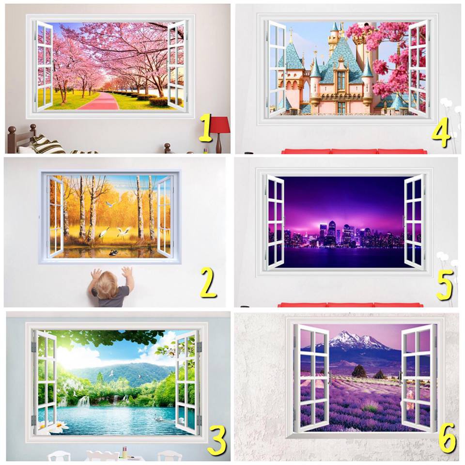 Decal trang trí tường khung cửa sổ 3D phong cảnh