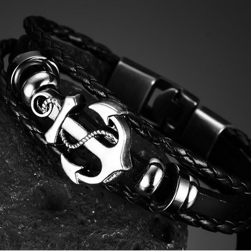Vòng Tay Da Mặt Hình Mỏ Neo Phong Cách Vintage Cho Nam