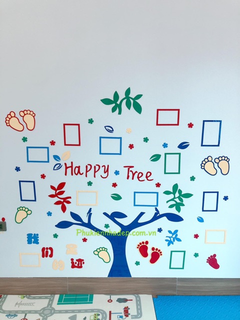 Tranh dán tường cho bé, tranh mica 3d happy tree, trang trí mầm non, khu vui chơi trẻ em