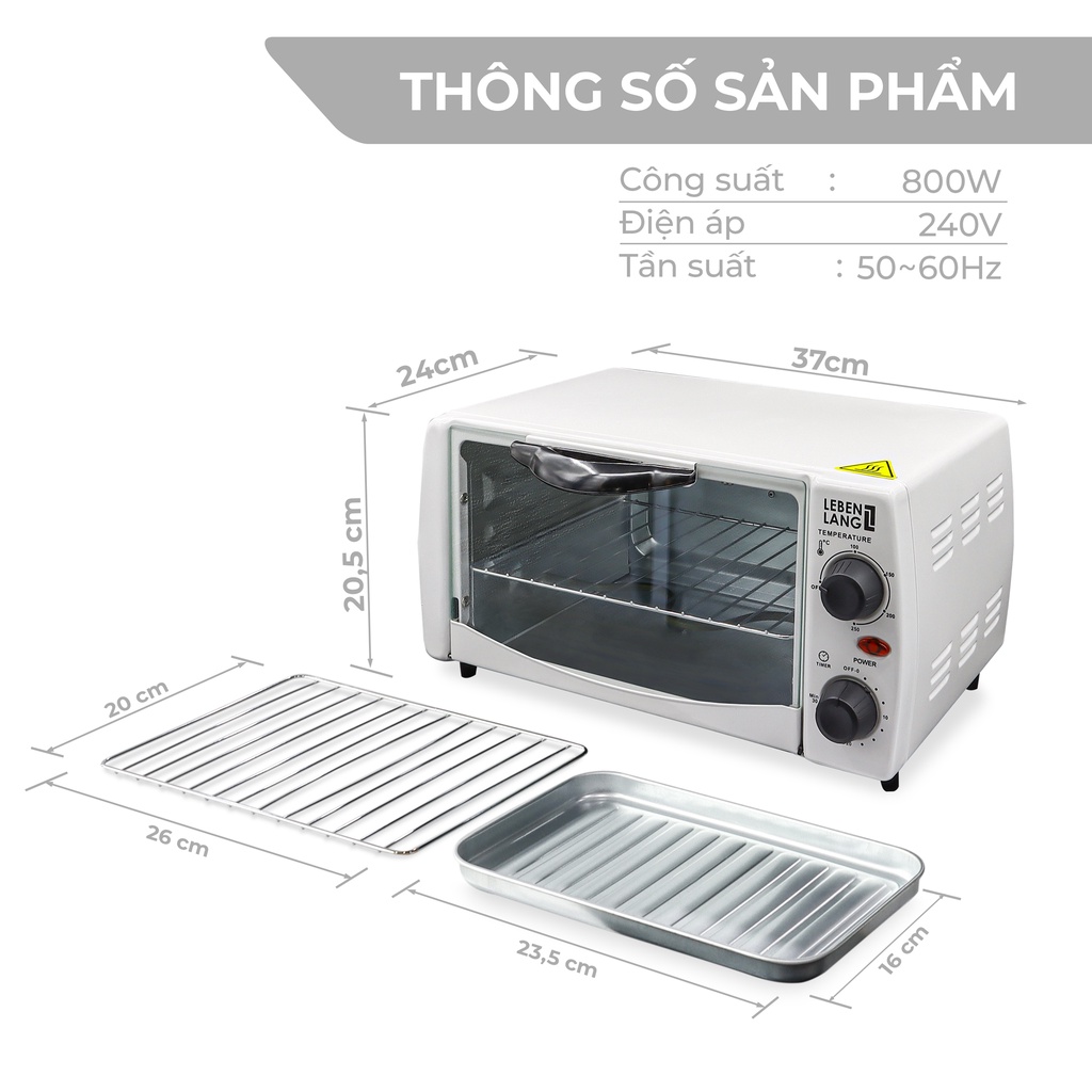 Lò nướng mini đa năng LEBENLANG, công suất 800W, dung tích 12l, bảo hành 24 tháng, màu trắng - LBMT8683W