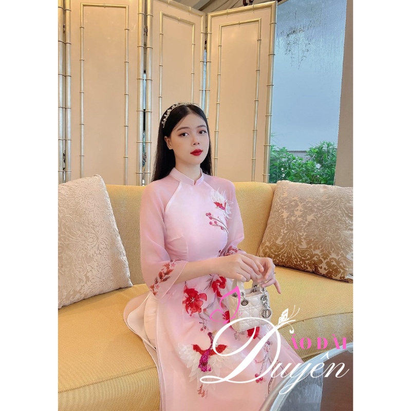Áo dài cách tân 4 tà họa tiết chim hoa đỏ siêu đẹp hàng cover thiết kế