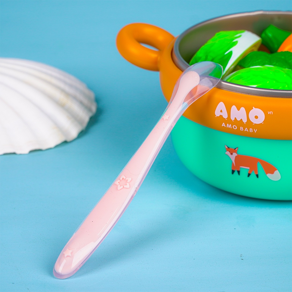 Thìa ăn dặm cho bé AMOBABY319 set 2 muỗng silicone an toàn tiện lợi