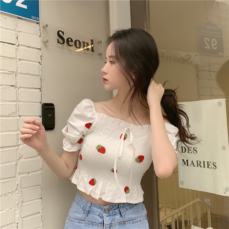 IELGY Áo Kiểu Tay Phồng Thêu Họa Tiết Trái Cây Thời Trang Dành Cho Nữ