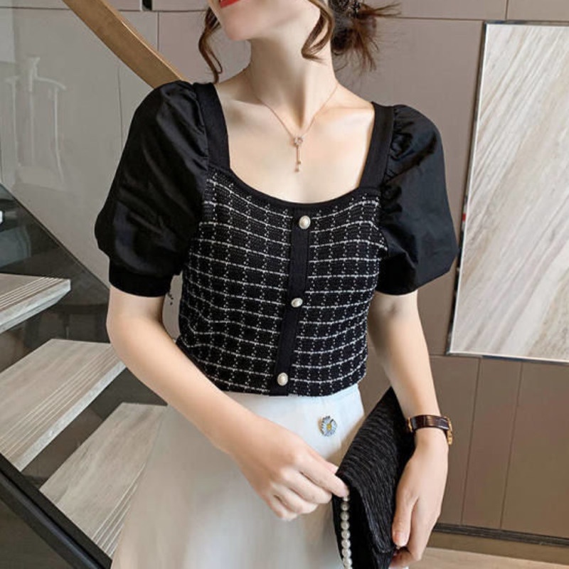 Áo Kiểu Tay Ngắn Phồng Phong Cách Hàn Quốc 175286 Áo Dệt Kim Tay Ngắn Cổ Vuông Phong Cách Phương Tây Dễ Phối Đồ Thời Trang