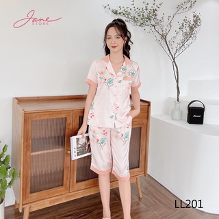 Đồ bộ nữ mặc nhà Pijama Lụa Pháp mềm mát mùa hè Đồ ngủ thiết kế tay cộc quần lửng họa tiết nhã nhặn Jane mã LL20