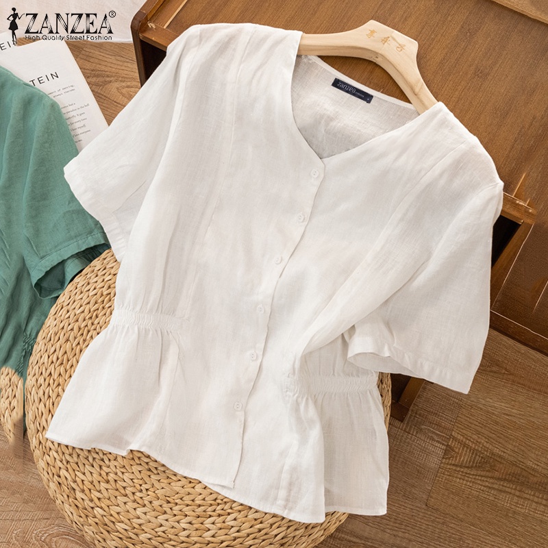 Áo sơ mi Zanzea ngắn tay cổ chữ v dáng rộng phong cách thời trang dành cho nữ