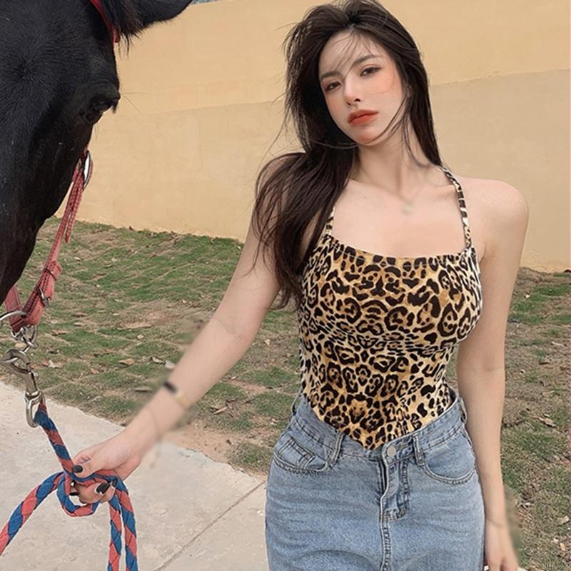 Áo lửng 2 dây hở lưng in họa tiết da báo thời trang Hàn Quốc cho nữ