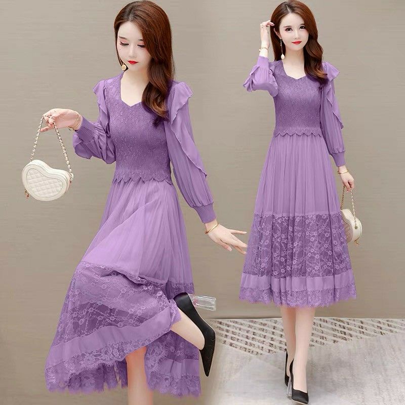 Hàng nhập - Đầm dáng xòe lụa phối ren bèo sang trọng, váy dự tiệc tay phồng vai lưới