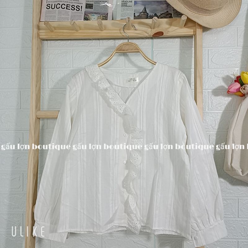 áo sơ mi cổ v bèo lệch vintage ảnh thật