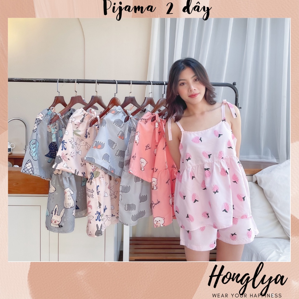 Bộ ngủ pyjama hai dây chất kate thái cute hột me, bộ ngủ pijama hai dây