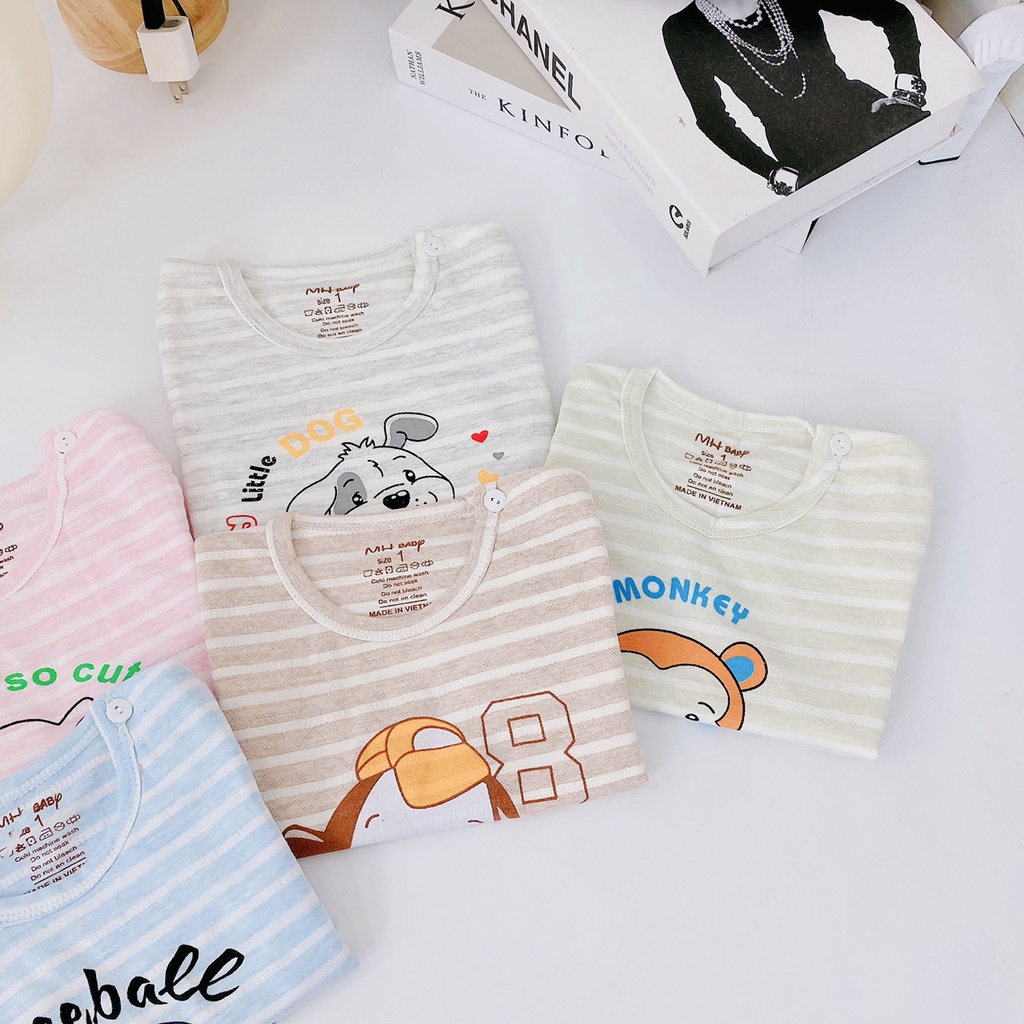 Áo Sơ Sinh Bé Trai, Bé Gái Chất Cotton Mềm Thông Hơi Có Nút Cài Vai Phối Kẻ In Hình, Áo Thun Cộc Tay Cho Bé - AN.KID