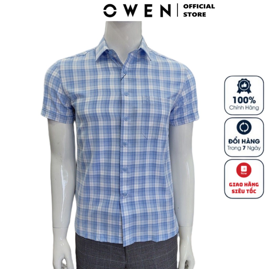 Áo Sơ Mi Nam Ngắn Tay Owen BA22713NT Somi Cộc Tay Công Sở Cao Cấp Xanh Nhạt Kẻ Caro To Chất Cafe Dáng Body Fit Tà Bằng