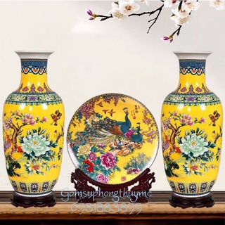 Bộ lục bình phú quý kèm đĩa cao 40cm trang trí nhà, kệ tủ