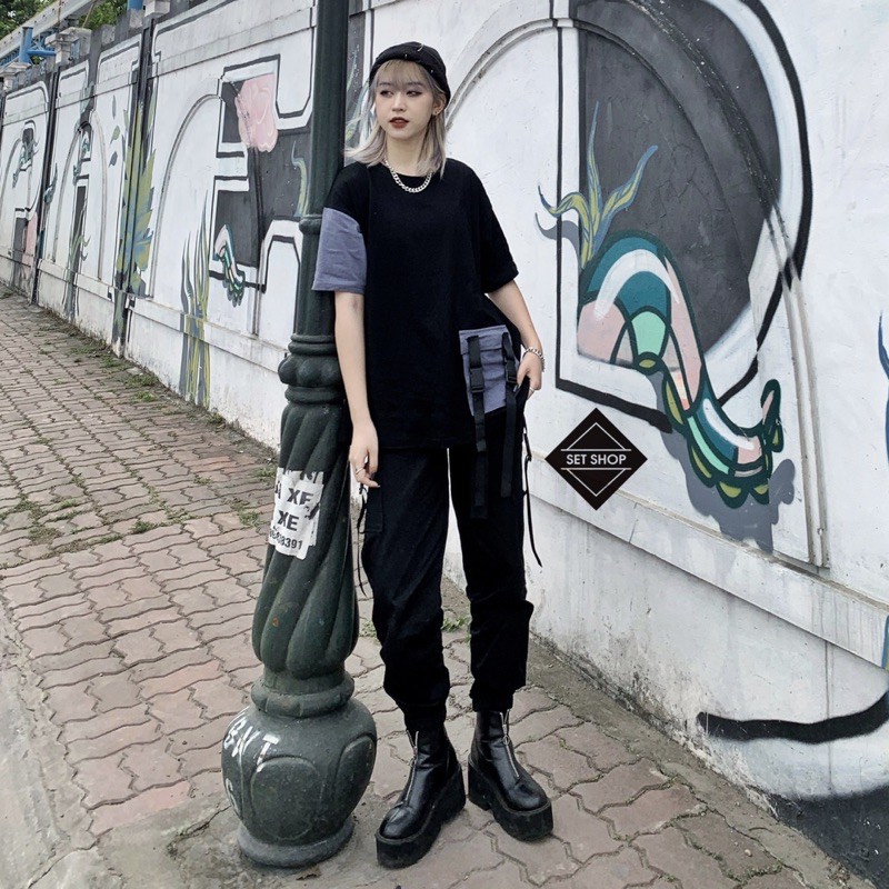 Áo phông túi cài phối màu đen xám