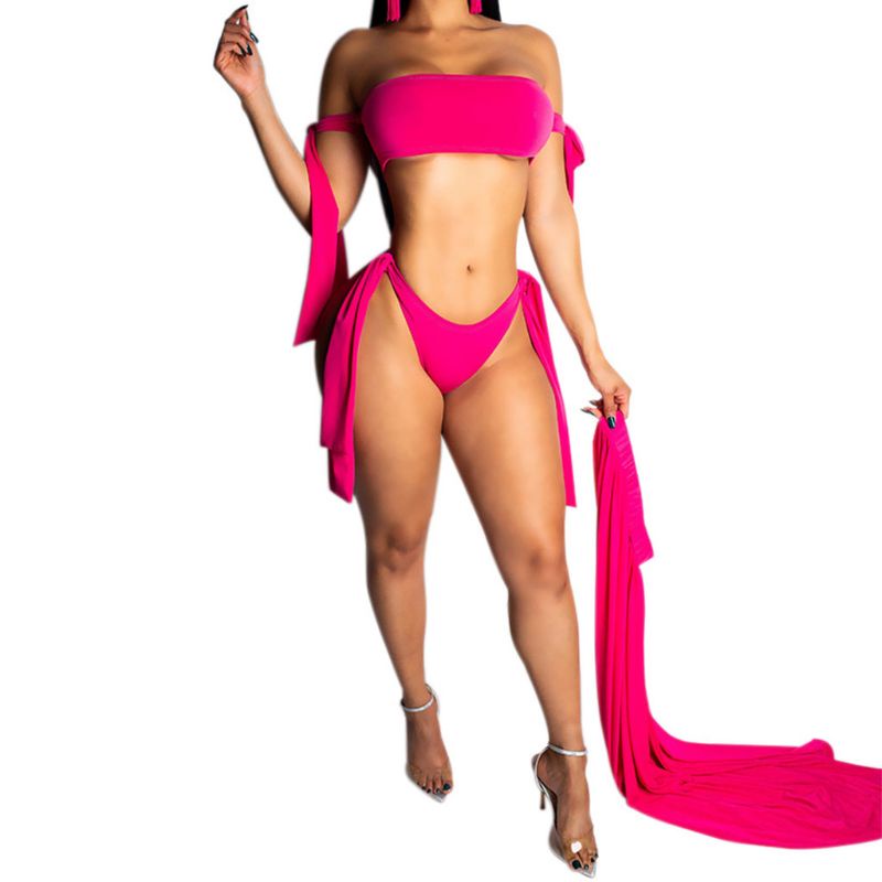 Set Bikini 3 Món Áo Trễ Vai + Chân Váy Lọt Khe Cắt Cao Gợi Cảm Cho Nữ
