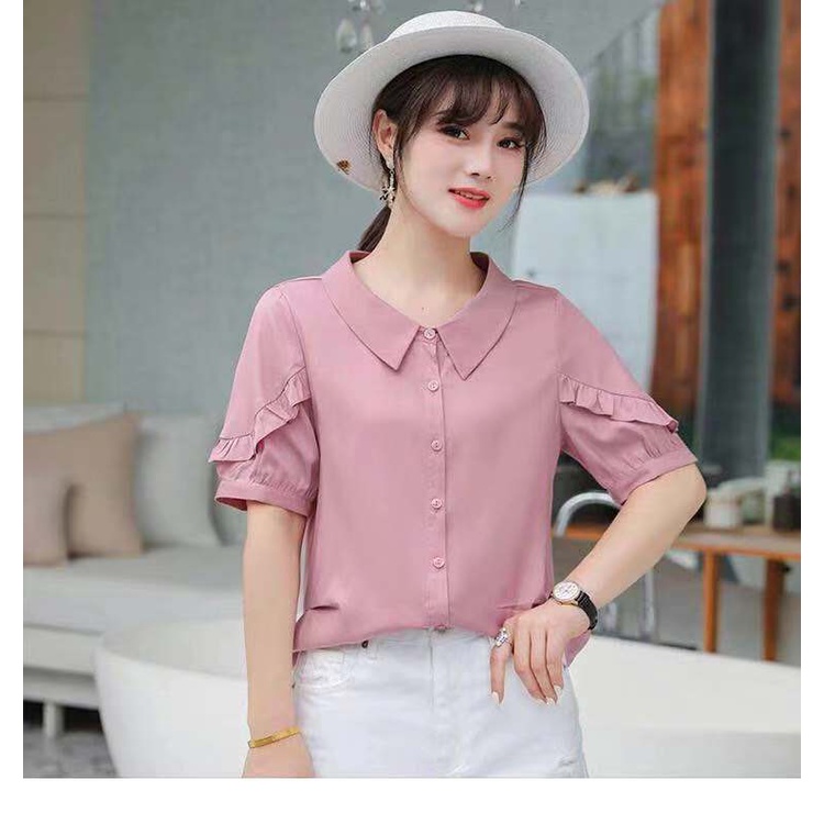 Áo Sơ Mi Voan Tay Ngắn Cổ Bẻ Phối Bèo Màu Xanh Dương Thời Trang Mùa Hè Cho Nữ 0K6I