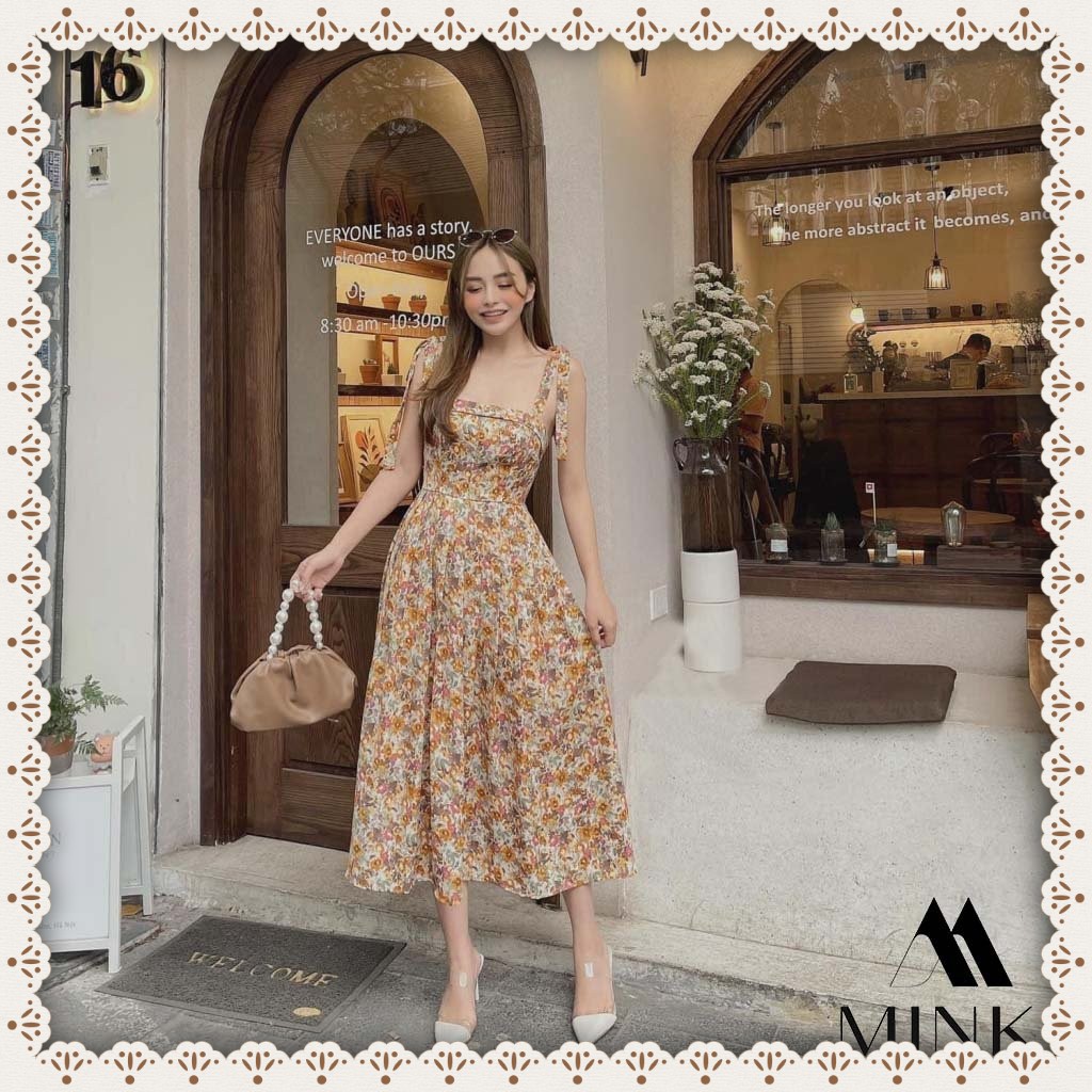 [HÀNG THIẾT KẾ] Váy Hoa Nhí Cột Nơ Vai (có mút) - Chất Liệu Voan Cát - Phiên Bản Hoa Cam | BigBuy360 - bigbuy360.vn