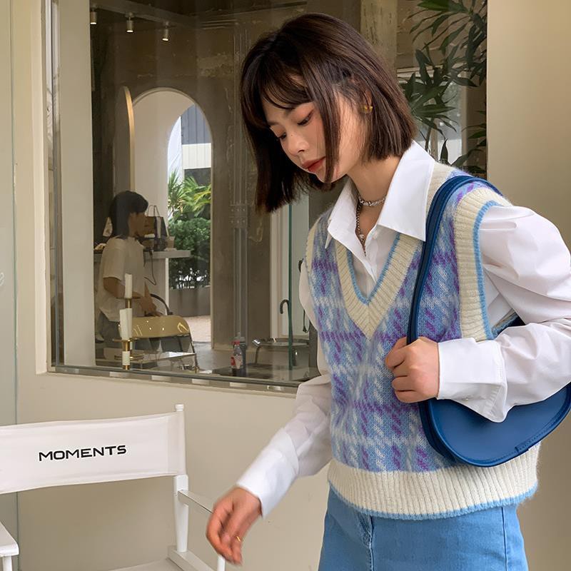 Set áo sơ mi tay dài cổ chữ V + áo len không tay màu sắc thời trang xuân thu 2021 | BigBuy360 - bigbuy360.vn