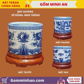 Bát hương thờ vẽ tay song long chầu nguyệt men trắng cao cấp- gốm sứ bát tràng- gốm minh an