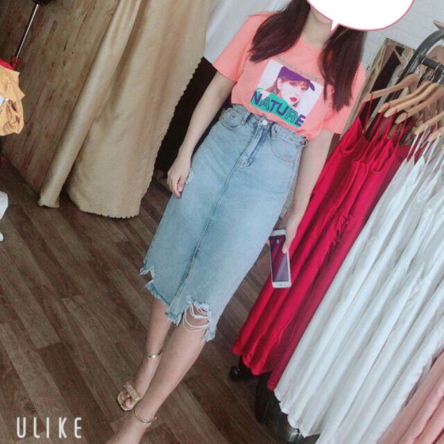 Pass chân  váy jeans