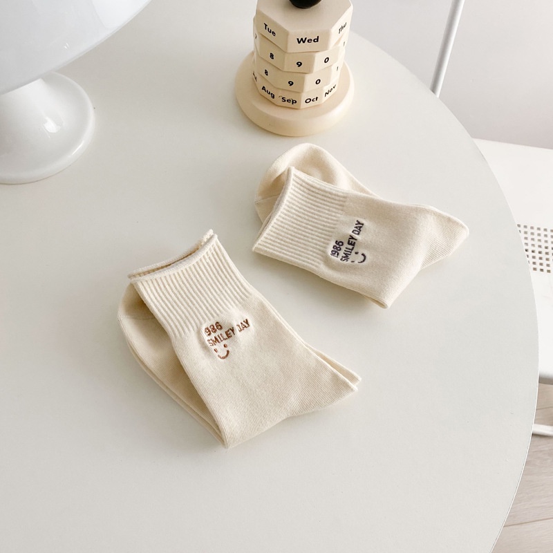 Vớ Cotton Trắng Thêu Chữ Mặt Cười Phong Cách Preppy Nhật Bản Mới