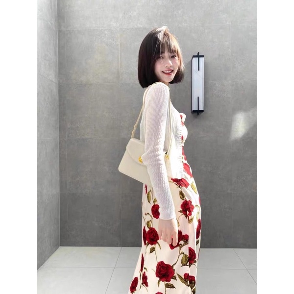 Sét váy 2 dây hoa hồng đỏ, váy dáng dài tôn eo chất liệu cao cấp hàng order Taobao