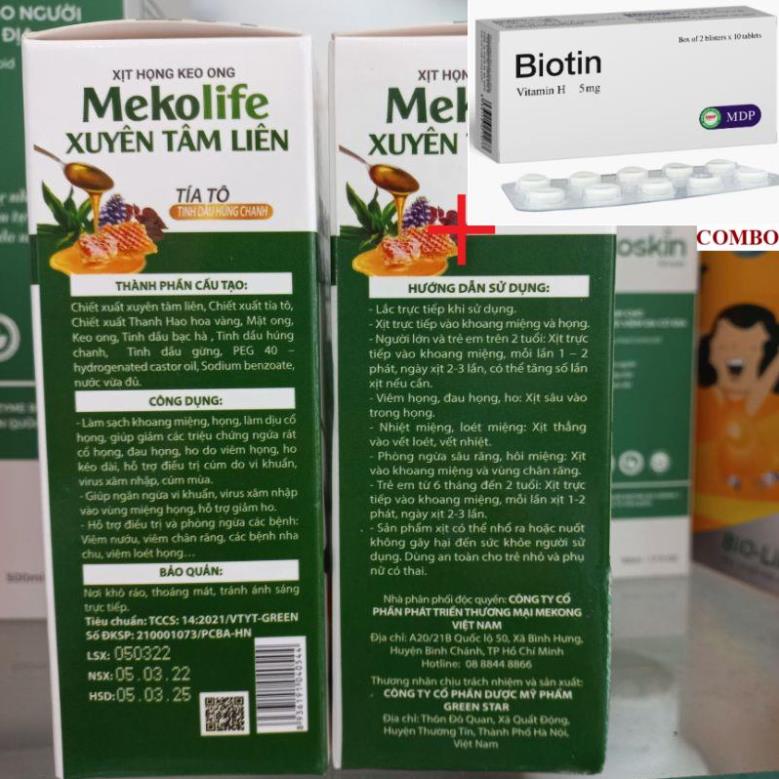 Combo Biotin 5mg+ Xịt họng keo ong xuyên tâm liên Mekolife