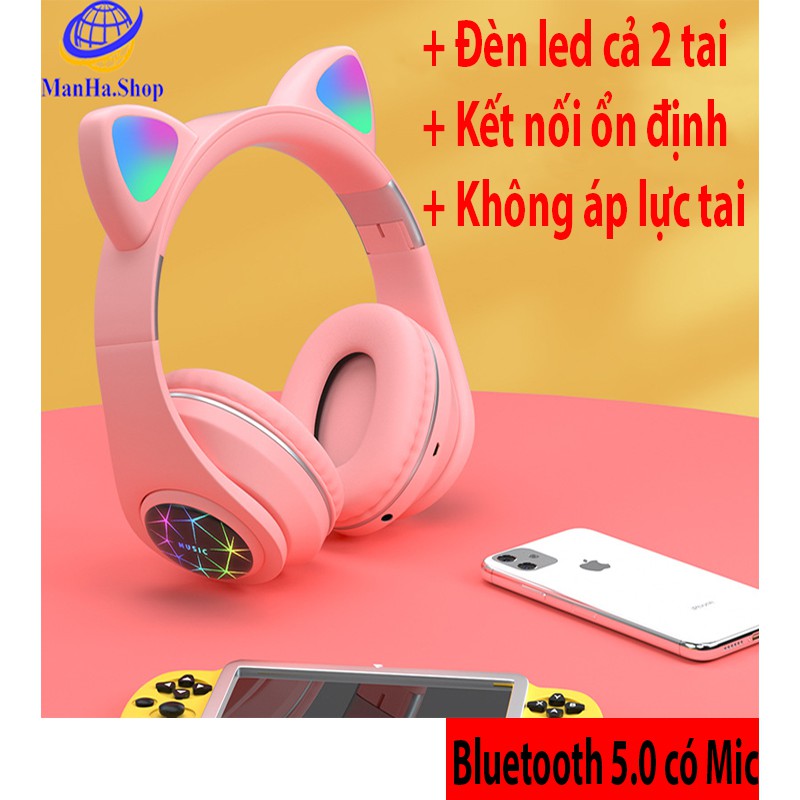 Tai nghe bluetooth tai mèo cao cấp, headphone tai mèo đáng yêu chống ồn âm thanh trầm ấm