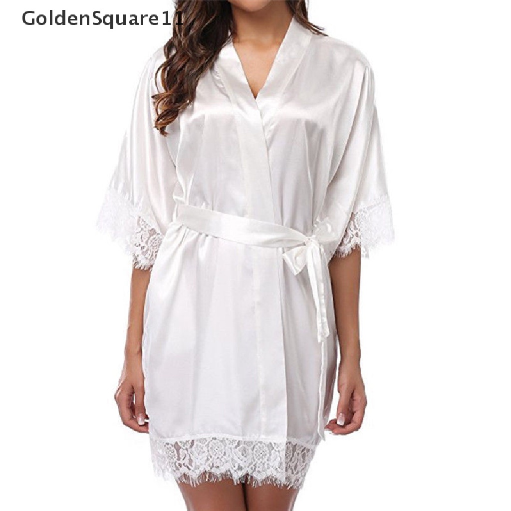 [GoldenSquare11] Sexy Women Lace Long Bride Kimono Robe Satin Silk Night Dressing Gown .